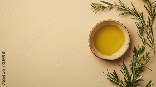 Olive oil pouring into a small dish, isolated on a soft beige background with olive branches and rosemary for decor