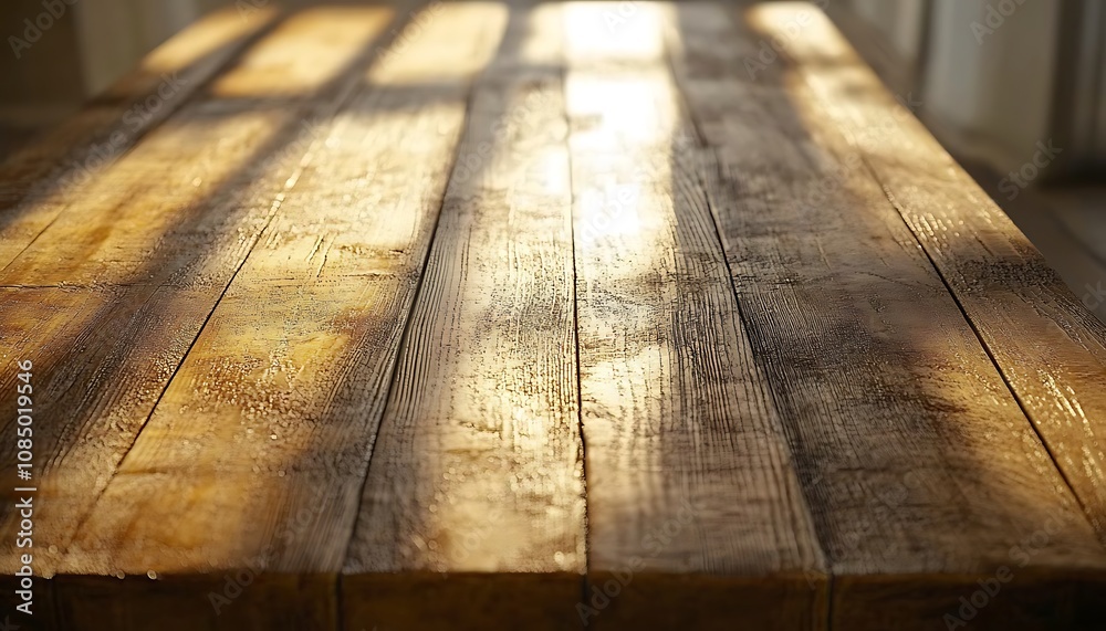 A close-up view of a wooden table showcasing rich textures and warm sunlight casting gentle shadows A close-up view of a wooden table showcasing rich textures and warm sunlight casting gentle shadows
