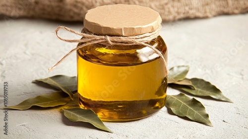 Rustic glass jar of olive oil with twine, isolated on a light stone background with scattered bay leaves photo