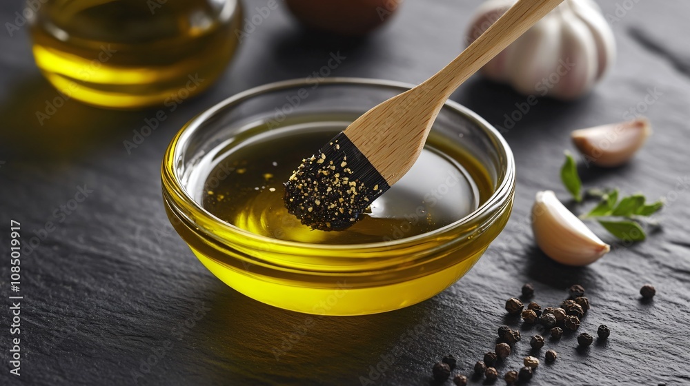 Fototapeta premium Small bowl of olive oil with a brush of crushed black pepper, isolated on a slate background with garlic cloves