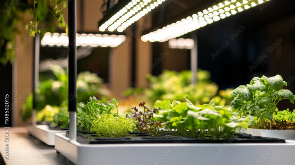 Fototapeta premium A serene hydroponics garden with grow lights and nutrient reservoirs, Hydroponic systems and plant trays meticulously placed, Modern gardening style