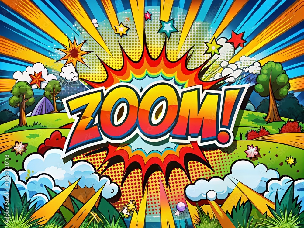 Fototapeta premium Colorful Comic Book Style Background with Zoom Text Effect for Dynamic Landscape Photography and Bold Visual Storytelling in Vibrant Colors and Engaging Designs