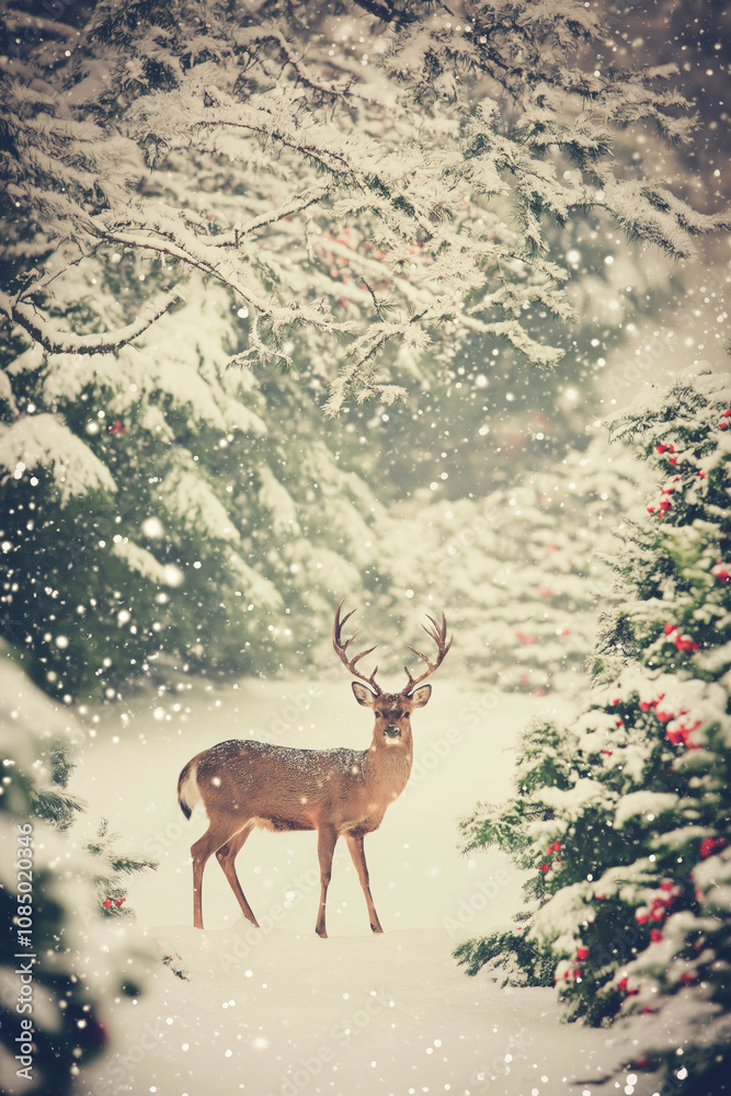 Fototapeta premium Cute reindeer in a Christmas snowy forest, surrounded by falling snow, creating a magical winter scene.Vertical winter card for New Year greetings on social networks