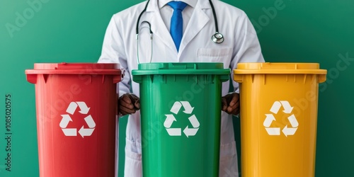 Health care worker promotes sustainability efforts. A physician stands between three recycling bins, promoting waste separation and environmental awareness in a healthcare context.