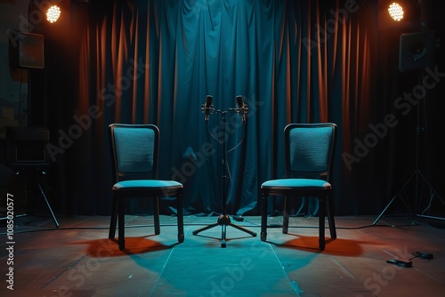Two chairs and microphones during an interview or podcast. Generative Ai