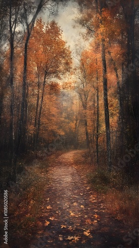 Autumn Forest Path with Vibrant Fall Colors and Natural Lighting