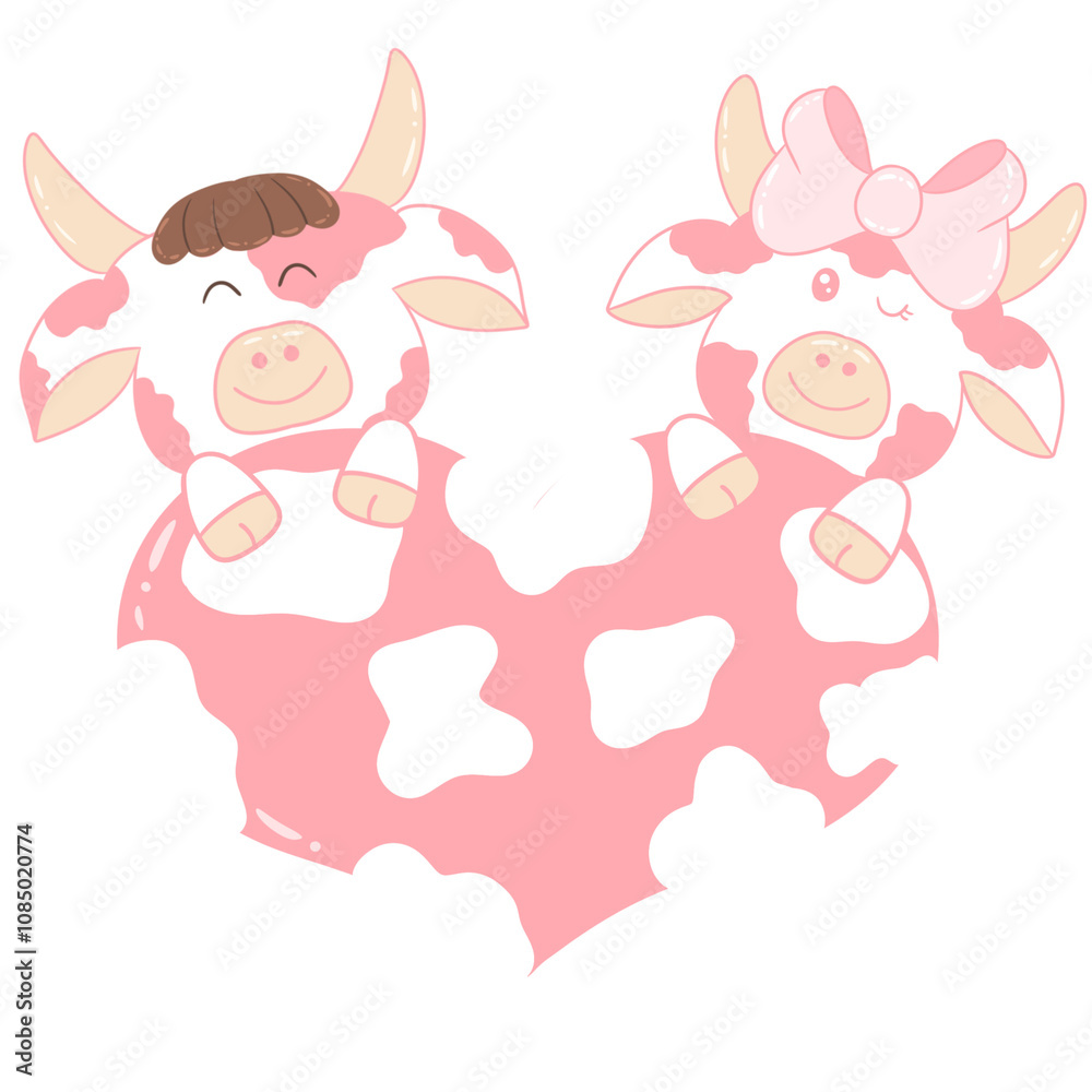 Pink couple cow cartoon with Cow print pink and white heart Pink couple cow cartoon with Cow print pink and white heart