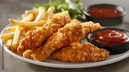 Crispy Chicken Tenders with French Fries and Ketchup