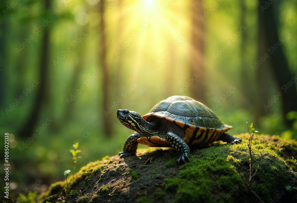 Peaceful Turtle in Sunlit Forest Surrounded by Moss Peaceful Turtle in Sunlit Forest Surrounded by Moss