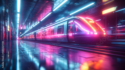 Neon Lights Train Station 3D Illustration