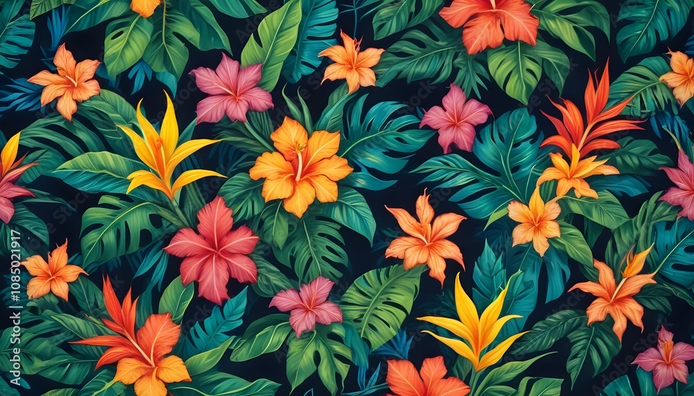 Tropical exotic pattern with animal and flowers in bright colors and lush vegetationn Tropical exotic pattern with animal and flowers in bright colors and lush vegetationn