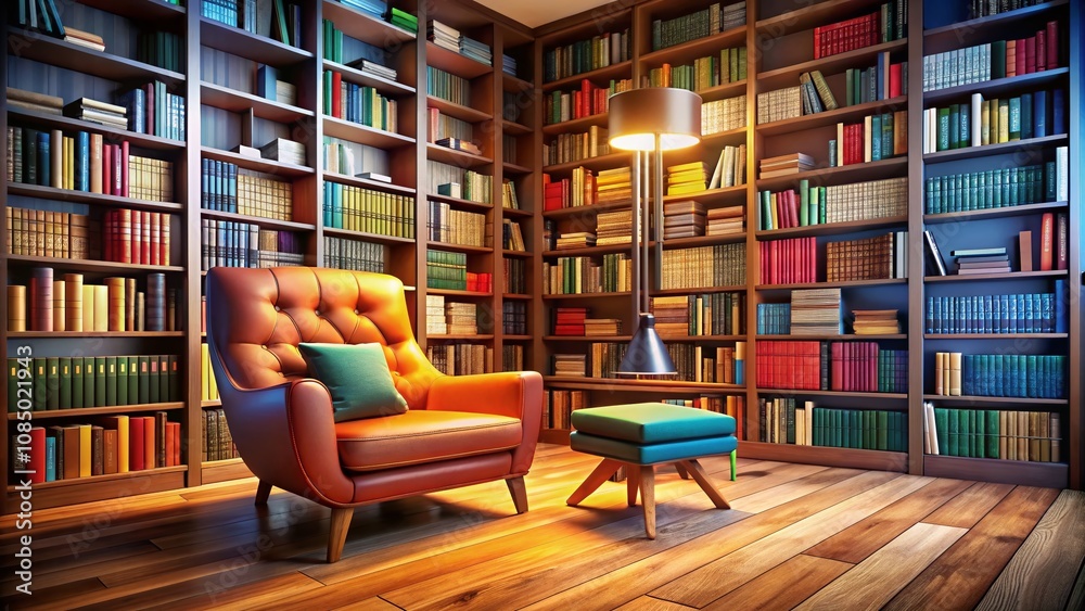 Cozy Modern Chair in a Library Setting with Wooden Floors and Colorful Bookshelves, Perfect for Reading and Relaxation Cozy Modern Chair in a Library Setting with Wooden Floors and Colorful Bookshelves, Perfect for Reading and Relaxation