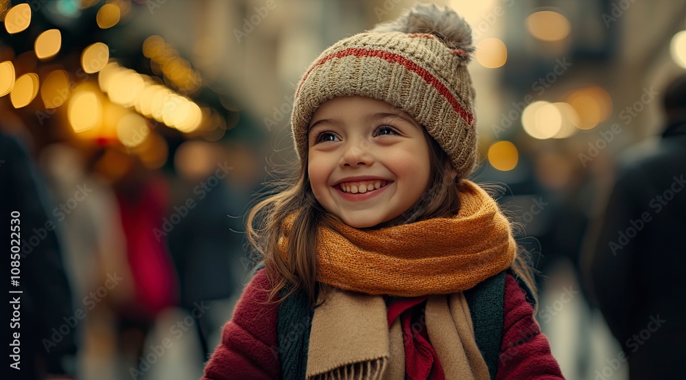 A young girl smiles while holding her mother's hand, dressed in winter and a scarf. They stand on the street of an old European city with bustling crowds during the Christmas season. generative ai A young girl smiles while holding her mother's hand, dressed in winter and a scarf. They stand on the street of an old European city with bustling crowds during the Christmas season. generative ai