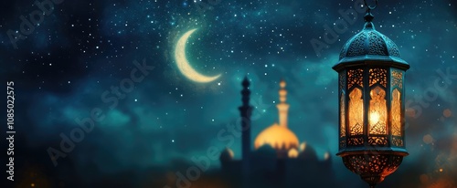 Ramadan background, with ample copy space for text and graphics, adorned with an ornate lantern on the right side