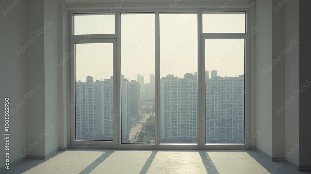 Fototapeta premium Interior view of an empty room in a skyscraper, showcasing the cityscape during the day. The skyline view from a high-rise window offers a gorgeous property with a stunning view.