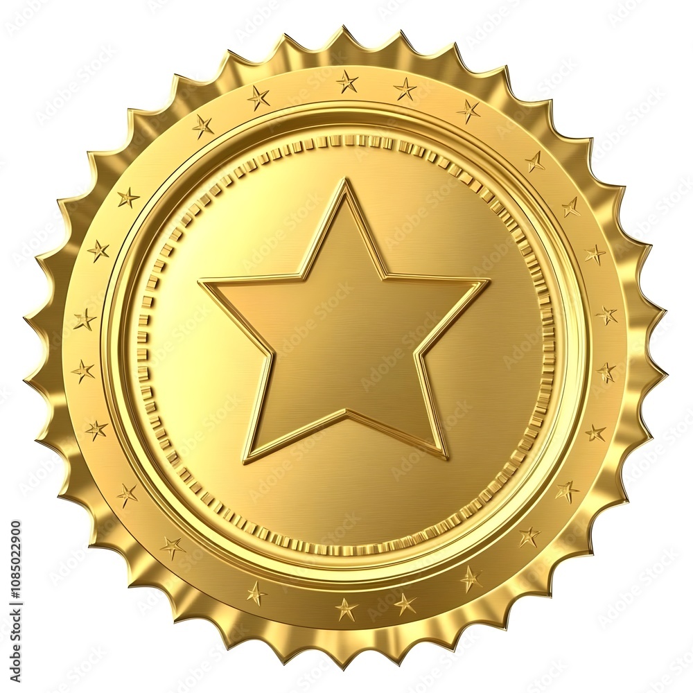 Circular Golden Seal with Stars Illustration, Featuring a Central Star Design, Perfect for Iconography, Badges, and Award Recognition Purposes in Various Projects Circular Golden Seal with Stars Illustration, Featuring a Central Star Design, Perfect for Iconography, Badges, and Award Recognition Purposes in Various Projects