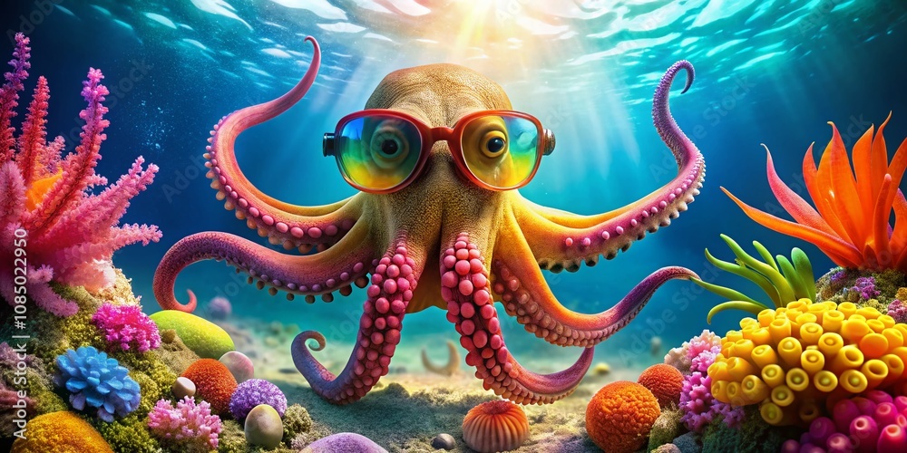 Obraz premium Cute octopus wearing sunglasses in a vibrant underwater scene, showcasing playful marine life and colorful corals, perfect for summer themes and oceanic adventures.