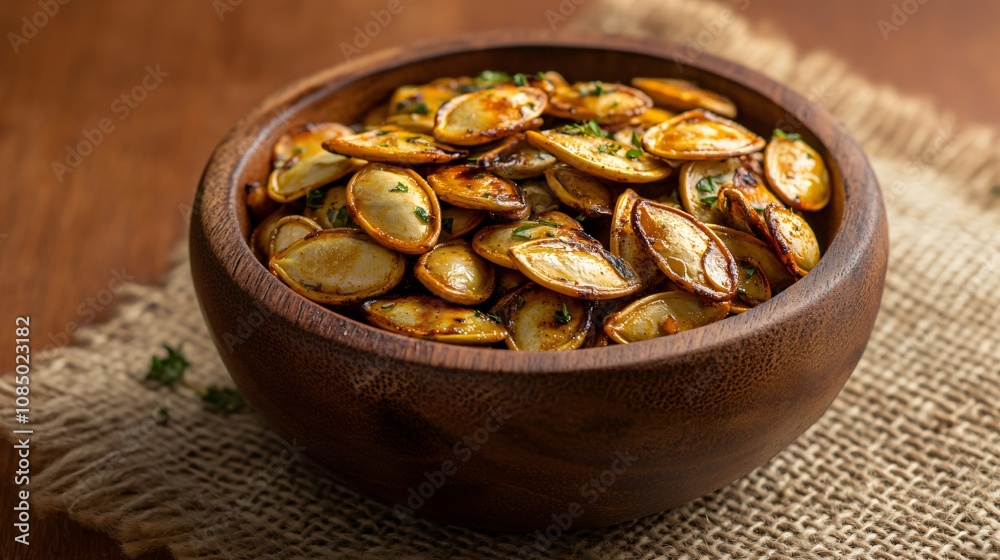 Golden-brown roasted pumpkin seeds in a wooden bowl, isolated on a burlap cloth with subtle herb accents Golden-brown roasted pumpkin seeds in a wooden bowl, isolated on a burlap cloth with subtle herb accents