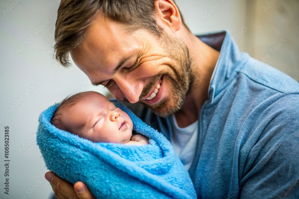 A man is holding a baby in a blue blanket A man is holding a baby in a blue blanket