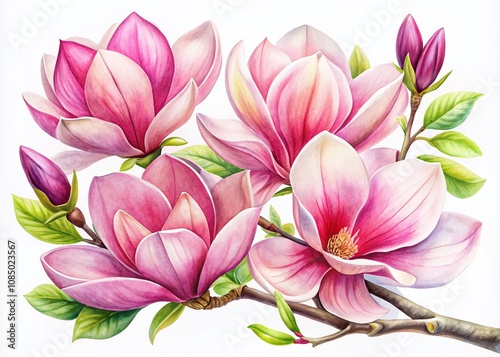 Delicate Pink Magnolia Flowers in Watercolor Style for Stunning Product Photography with a Soft Aesthetic Focused on Floral Beauty and Elegance