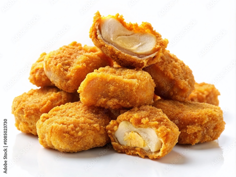 Delicious Chicken Nuggets Pile with One Open and Crispy on Clean White Background for Food Photography and Culinary Presentation Delicious Chicken Nuggets Pile with One Open and Crispy on Clean White Background for Food Photography and Culinary Presentation