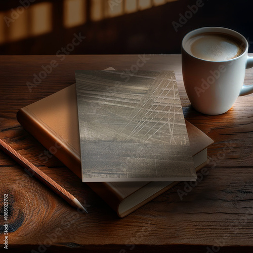 Notebook mockup product scene with wood table and white coffee mug dimly lit rustic subdued room