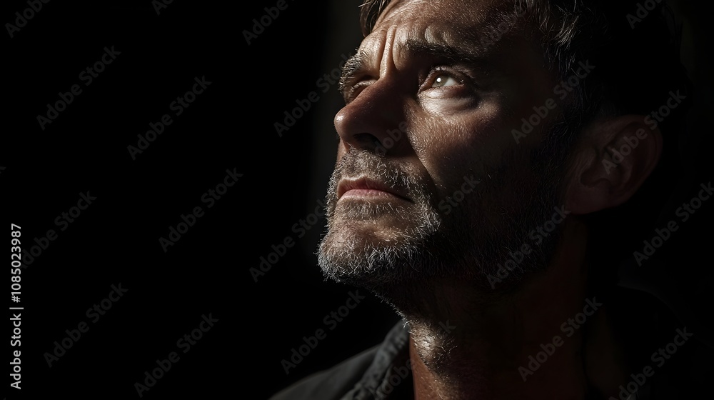 Brooding Portrait of an Intense and Thoughtful Mature Man in Dramatic Low Key Lighting Brooding Portrait of an Intense and Thoughtful Mature Man in Dramatic Low Key Lighting