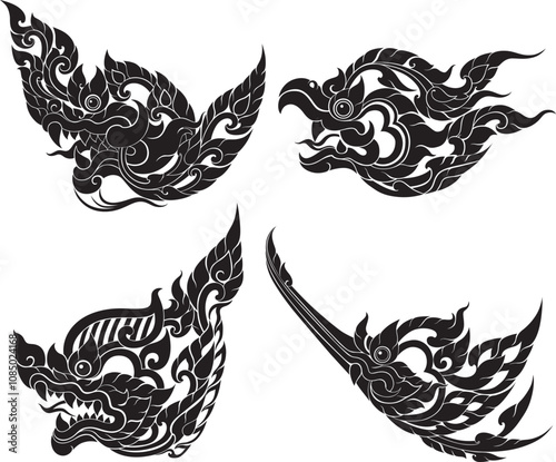 Elegant Thai Ornamental Bird Patterns - Cultural Vector Illustrations