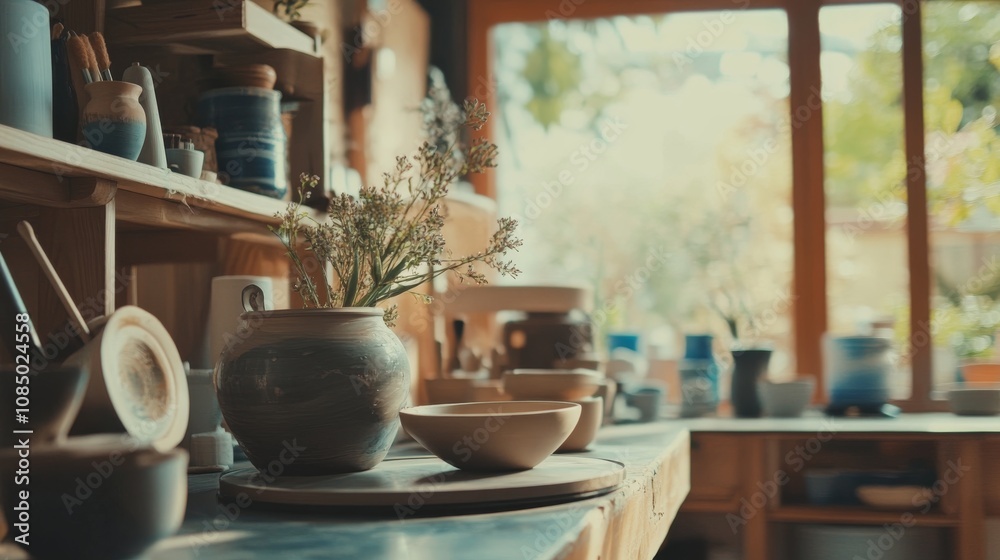 A serene pottery session in a cozy studio, Clay and pottery wheels set for artistic creation, Artisanal craft style A serene pottery session in a cozy studio, Clay and pottery wheels set for artistic creation, Artisanal craft style