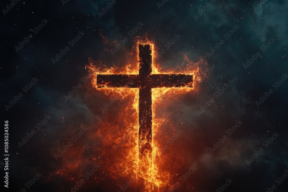 Fototapeta premium Flaming cross against a dark sky