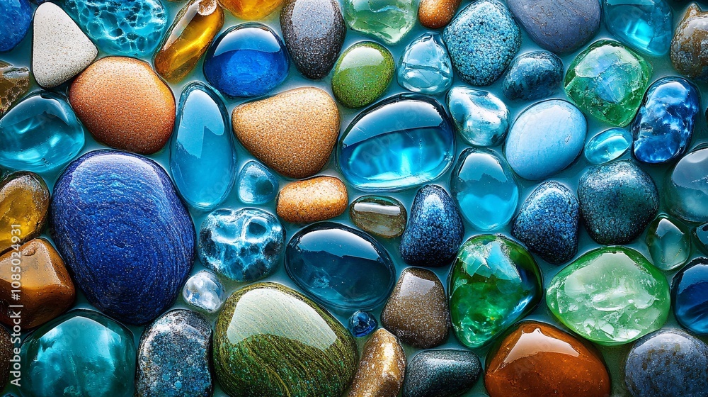 25.An artistic arrangement of colorful gemstones and polished sea glass, washed up on a beach. The bright blue and green hues of the glass contrast with the earthy tones of the surrounding pebbles. 25.An artistic arrangement of colorful gemstones and polished sea glass, washed up on a beach. The bright blue and green hues of the glass contrast with the earthy tones of the surrounding pebbles.