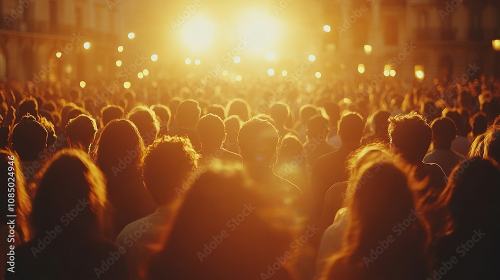 Crowd of Enthusiastic People Enjoying a Live Music Concert with Bright Stage Lights in the Background During a Vibrant Evening Celebration