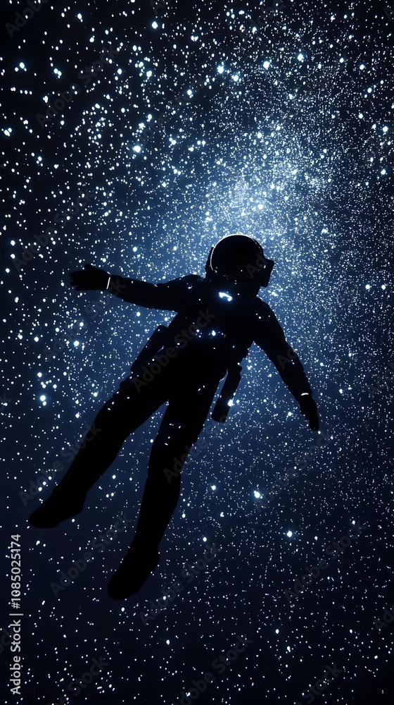 Silhouetted Astronaut Floating in Starry Cosmic Expanse Exploring the Vastness of Space Silhouetted Astronaut Floating in Starry Cosmic Expanse Exploring the Vastness of Space