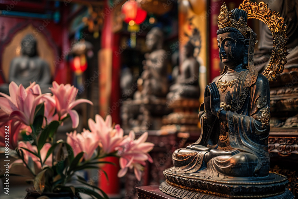 Greeting card with ancient statue great Buddha on holiday composition Greeting card with ancient statue great Buddha on holiday composition