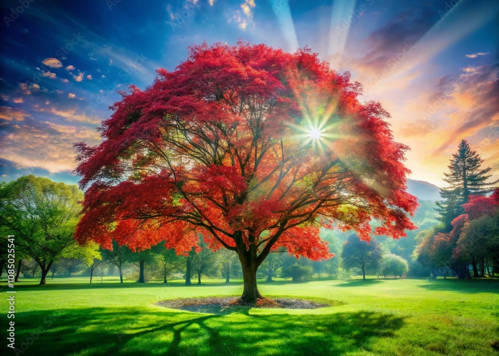 Double Exposure Photography of a Red Tree Surrounded by Lush Green Park, Capturing the Essence of Nature's Beauty in Translucent Colors Double Exposure Photography of a Red Tree Surrounded by Lush Green Park, Capturing the Essence of Nature's Beauty in Translucent Colors