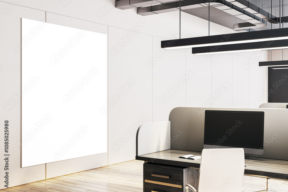 Modern office interior with cubicles, white walls, and a large blank vertical display for advertising or promotion. 3D Rendering Modern office interior with cubicles, white walls, and a large blank vertical display for advertising or promotion. 3D Rendering