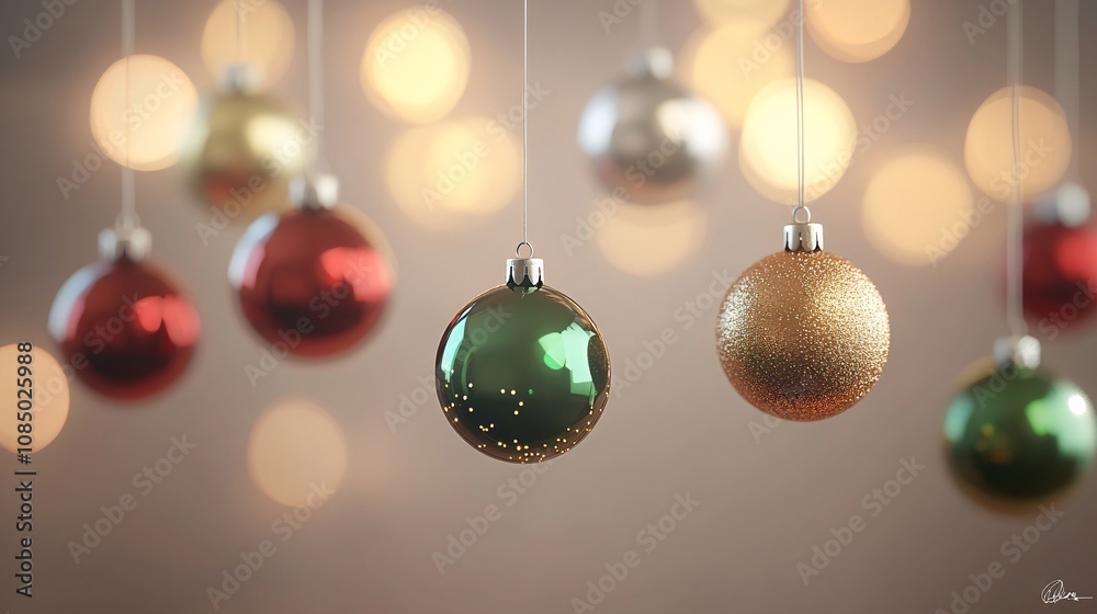 61.A collection of shimmering Christmas balls in vibrant red, gold, and green, hanging delicately from silver threads. The out-of-focus background features soft bokeh lights in warm tones, creating a 61.A collection of shimmering Christmas balls in vibrant red, gold, and green, hanging delicately from silver threads. The out-of-focus background features soft bokeh lights in warm tones, creating a
