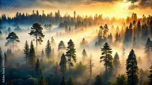 Dreamy Silhouette Photography of a Forest Enveloped in Mist at Dawn, Capturing Ethereal Beauty and Tranquility in Nature's Enchantment for Serene Landscapes