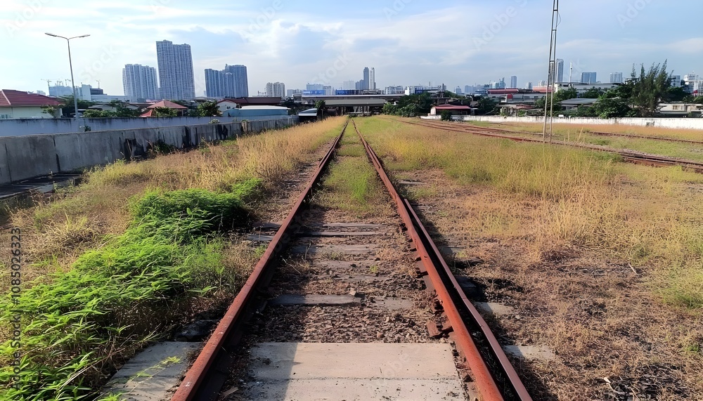 Obraz premium Abandoned Railway Tracks in Bangkok with Overgrown Grass and City Skyline in the Background Capturing Urban Decay and Scenic Contrast