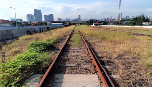 Abandoned Railway Tracks in Bangkok with Overgrown Grass and City Skyline in the Background Capturing Urban Decay and Scenic Contrast photo