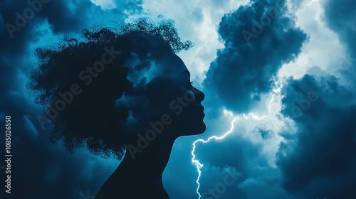 Silhouette of a person with a stormy sky and lightning overlay