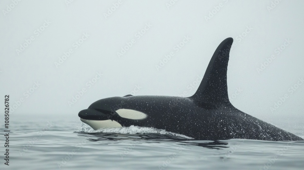Naklejka premium Orca swimming gracefully in calm waters under a misty sky at dawn near the coastal shoreline