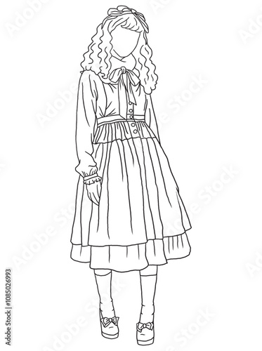 Classic black-and-white artwork depicting a young woman in vintage clothing. A nostalgic, retro-style illustration, ideal for historical, fashion, or artistic themes.