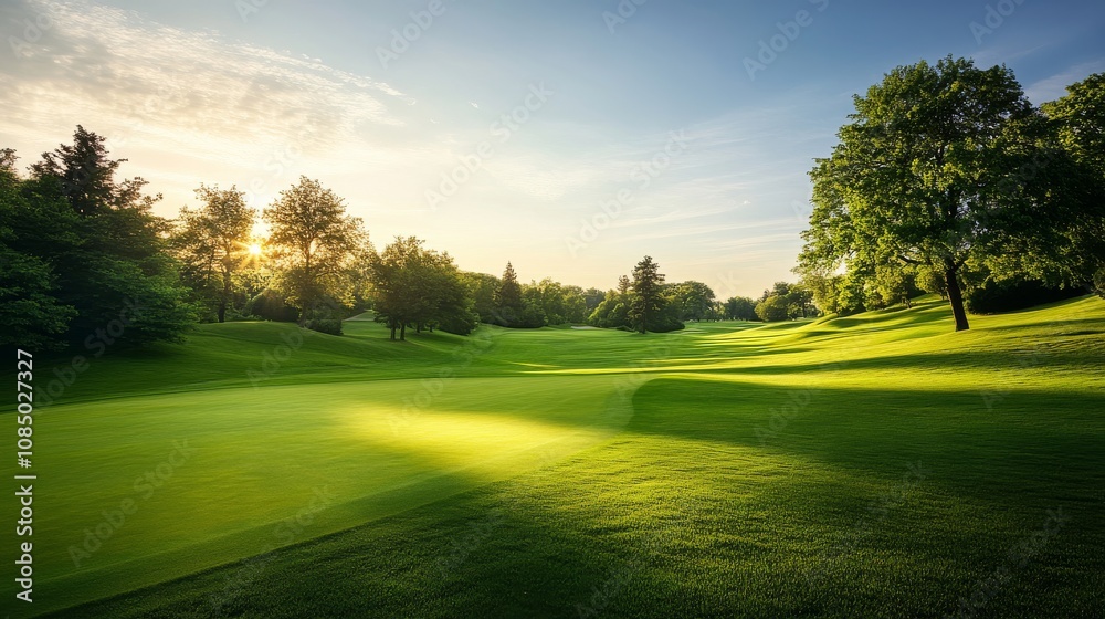 A serene scene featuring a tranquil golf course, Lush green fairways meticulously groomed, Classic photographic style A serene scene featuring a tranquil golf course, Lush green fairways meticulously groomed, Classic photographic style