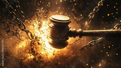 Gavel smashing through a barrier wall made of chains, symbolizing breaking through injustice and enforcing the law photo