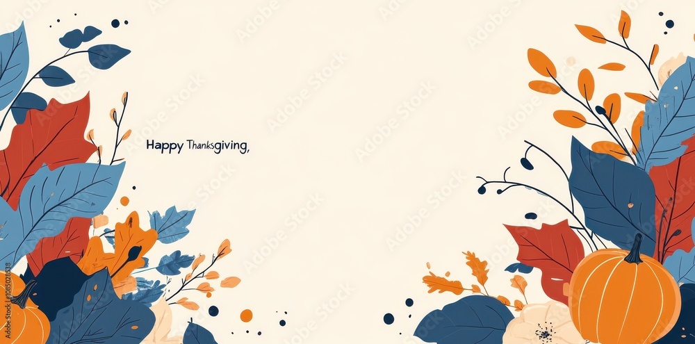 Fototapeta premium Thanksgiving greeting card with cartoon pumpkins and autumn leaves