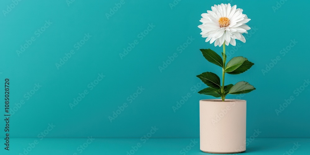 A minimalist photo of a single white flower in a simple beige pot against a vibrant teal background.