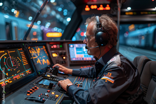 Train Driver Operating the Controls Inside a Modern Train Cabin, Wearing a Uniform and Headset, Focused on the Train's Dashboard and Monitors