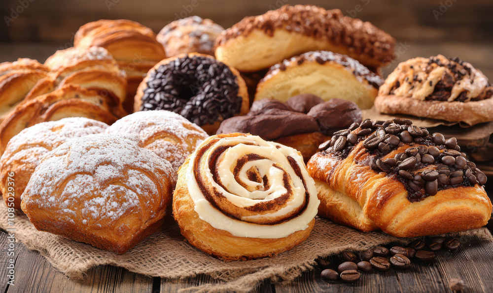 Fototapeta premium Delicious pastries and coffee beans arranged on rustic surface tempting display of sweet treats