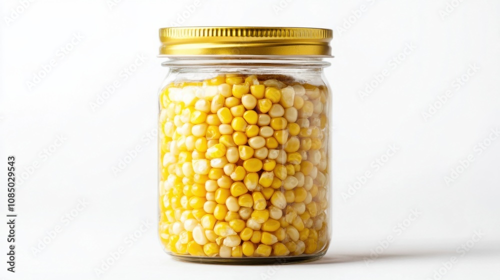 Canned corn in a transparent jar, isolated against a white background Canned corn in a transparent jar, isolated against a white background
